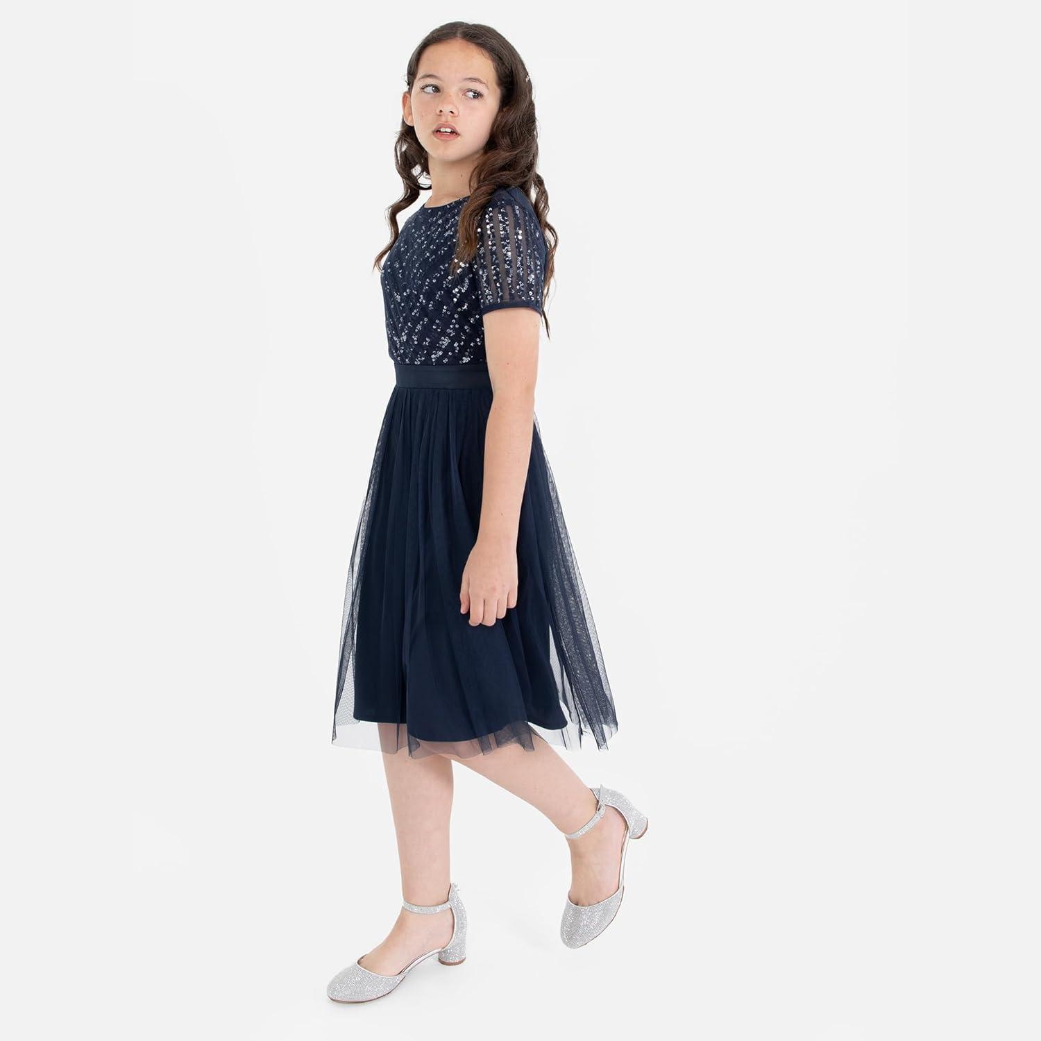 image:imageMaya Deluxe Robe Midi pour Fille avec Paillettes pour Mariage Anniversaire Demoiselle dhonneurBleu Marine