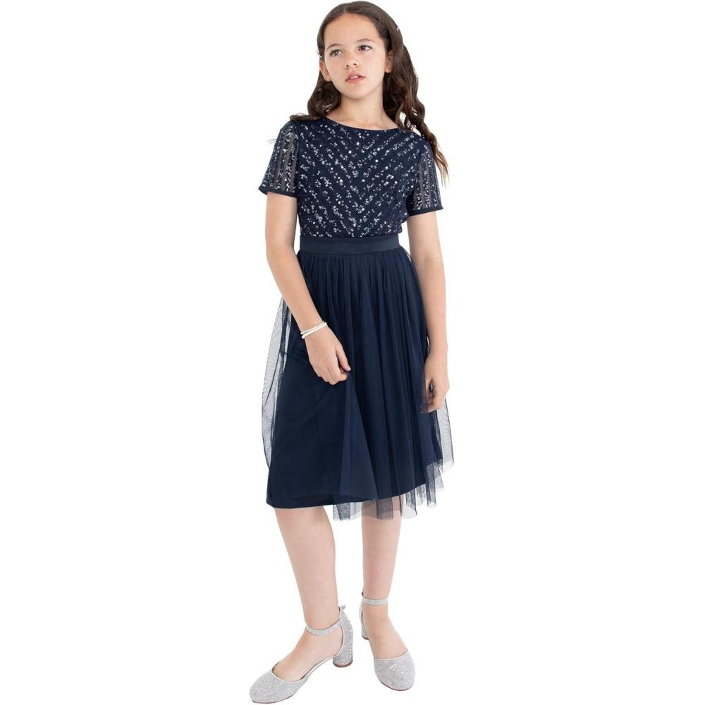image:imageMaya Deluxe Robe Midi pour Fille avec Paillettes pour Mariage Anniversaire Demoiselle dhonneurBleu Marine