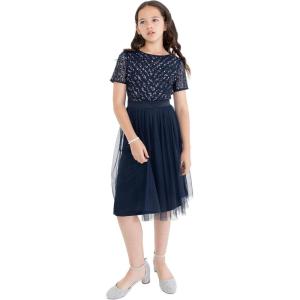 Maya Deluxe Robe Midi pour Fille avec Paillettes pour Mariage, Anniversaire, Demoiselle d&rsquo;honneur(Bleu Marine)