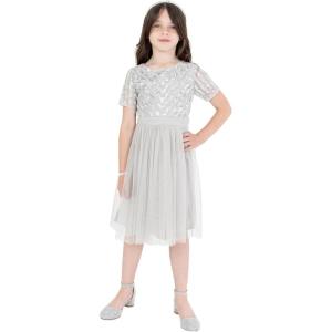 Maya Deluxe Robe Midi pour Fille avec Paillettes pour Mariage, Anniversaire, Demoiselle d&rsquo;honneur(Gris Clair)