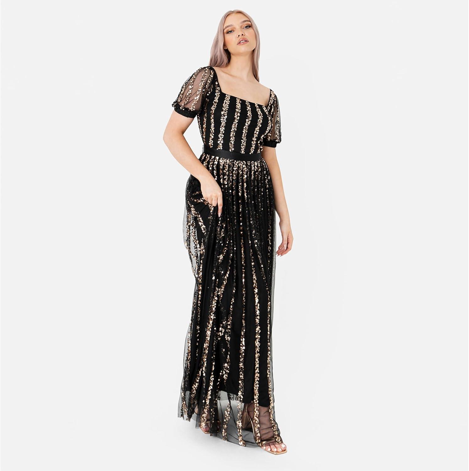 image:imageMaya Deluxe Womens Ladies Maxi Occasion Dress Sequin Square Neck High Waist A Cut Evening Gown for Wedding Guest Black Robe FemmeNoir