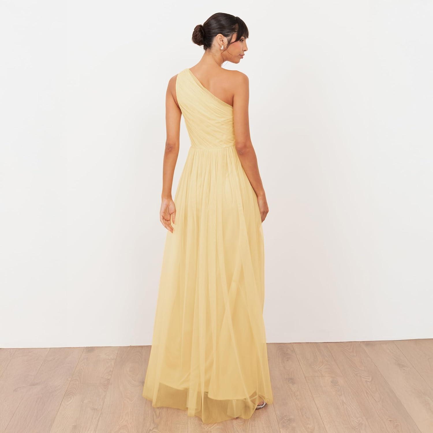 image:imageWomens Ladies Maxi One Cold Shoulder Dress with Slit Split Sleeveless Prom Wedding Guest Bridesmaid Ball Evening GownButter Yellow