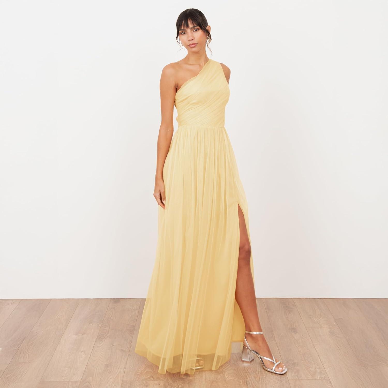 image:imageWomens Ladies Maxi One Cold Shoulder Dress with Slit Split Sleeveless Prom Wedding Guest Bridesmaid Ball Evening GownButter Yellow