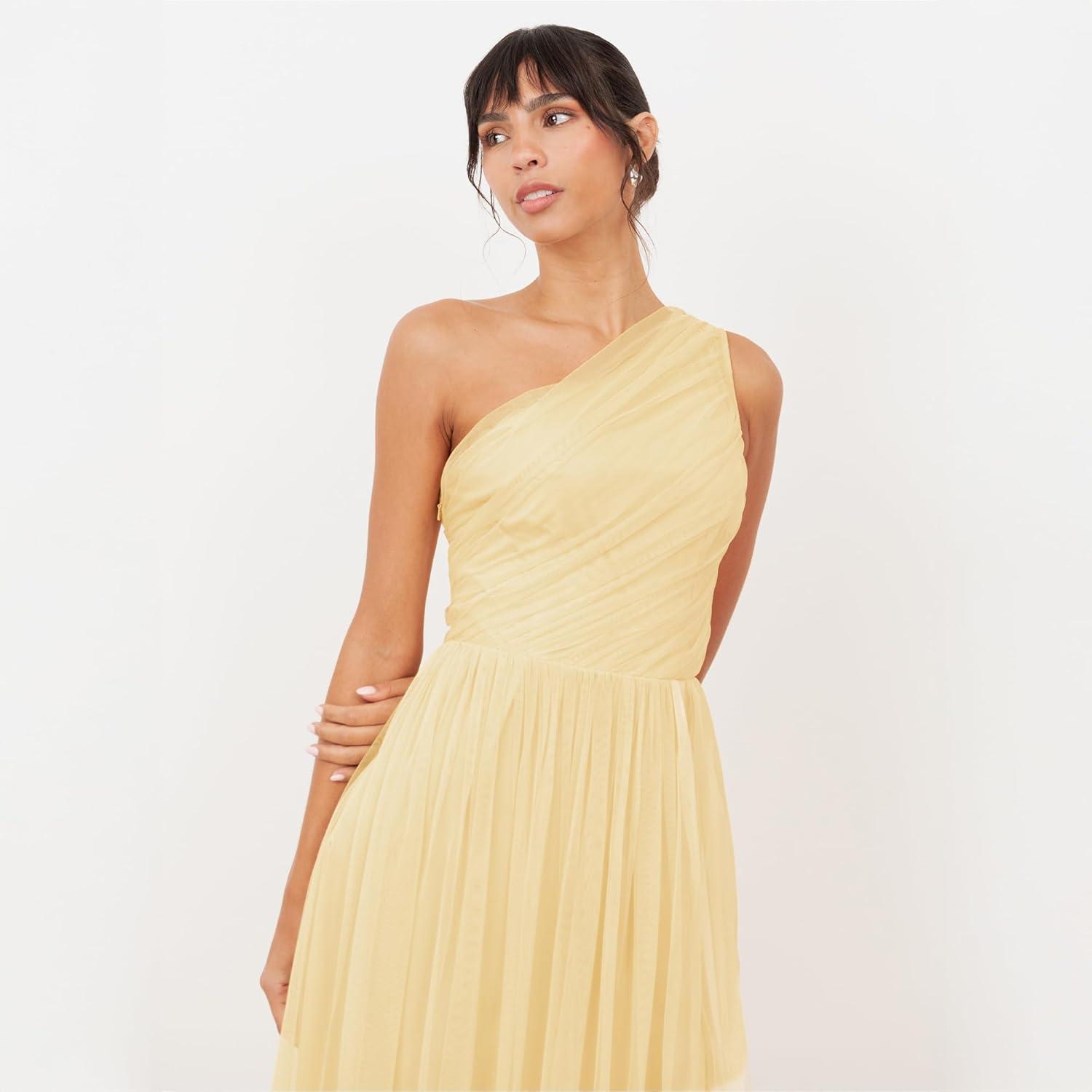 image:imageWomens Ladies Maxi One Cold Shoulder Dress with Slit Split Sleeveless Prom Wedding Guest Bridesmaid Ball Evening GownButter Yellow
