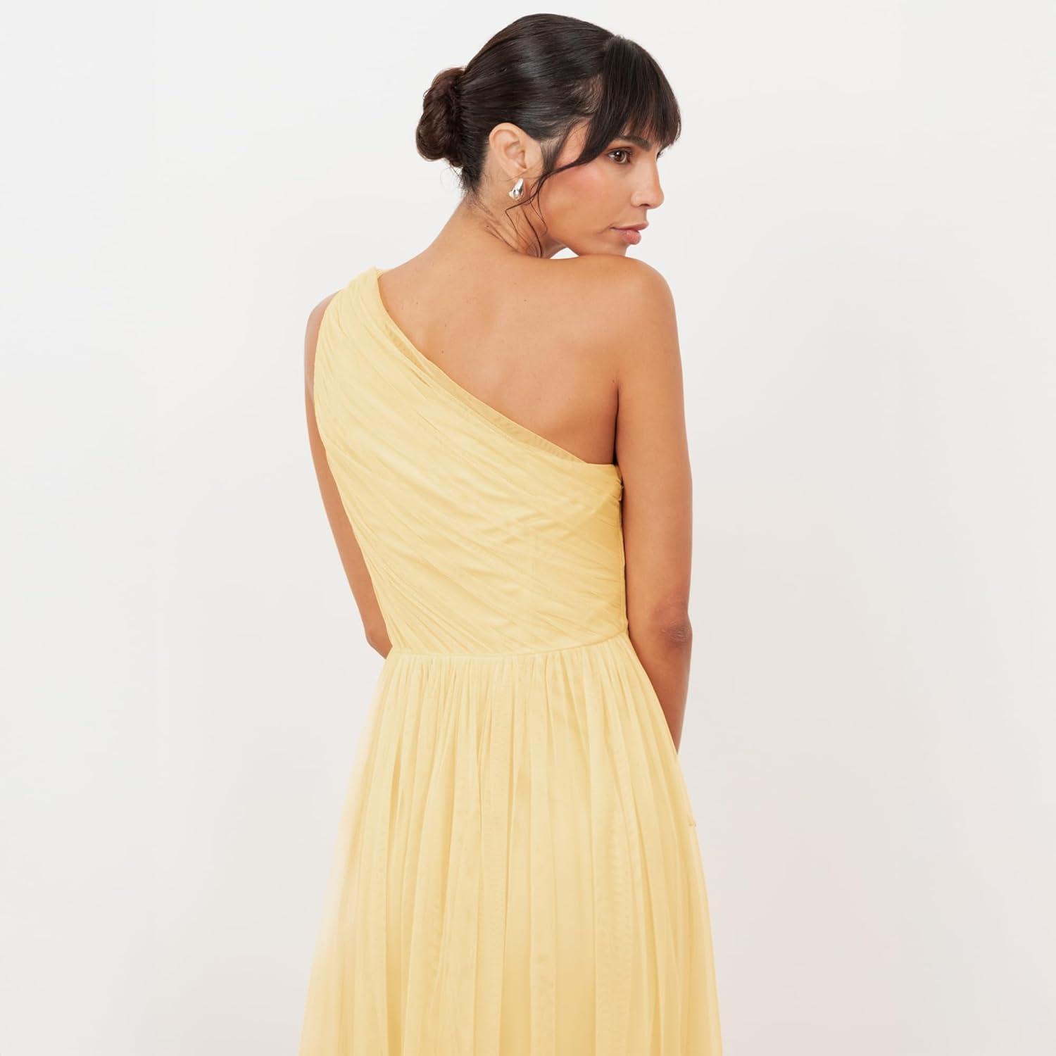 image:imageWomens Ladies Maxi One Cold Shoulder Dress with Slit Split Sleeveless Prom Wedding Guest Bridesmaid Ball Evening GownButter Yellow