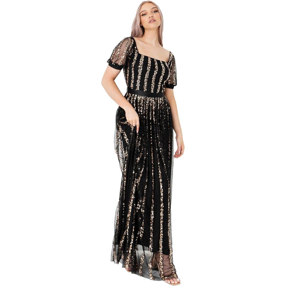 image:imageMaya Deluxe Womens Ladies Maxi Occasion Dress Sequin Square Neck High Waist A Cut Evening Gown for Wedding Guest Black Robe FemmeNoir