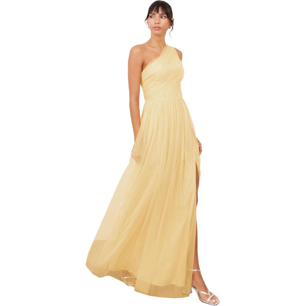 image:imageWomens Ladies Maxi One Cold Shoulder Dress with Slit Split Sleeveless Prom Wedding Guest Bridesmaid Ball Evening GownButter Yellow