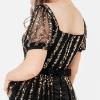 Maya Deluxe Womens Ladies Maxi Occasion Dress Sequin Square Neck High Waist A Cut Evening Gown for Wedding Guest Black Robe Femme(Noir)