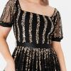 Maya Deluxe Womens Ladies Maxi Occasion Dress Sequin Square Neck High Waist A Cut Evening Gown for Wedding Guest Black Robe Femme(Noir)