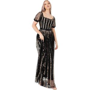 Maya Deluxe Womens Ladies Maxi Occasion Dress Sequin Square Neck High Waist A Cut Evening Gown for Wedding Guest Black Robe Femme(Noir)